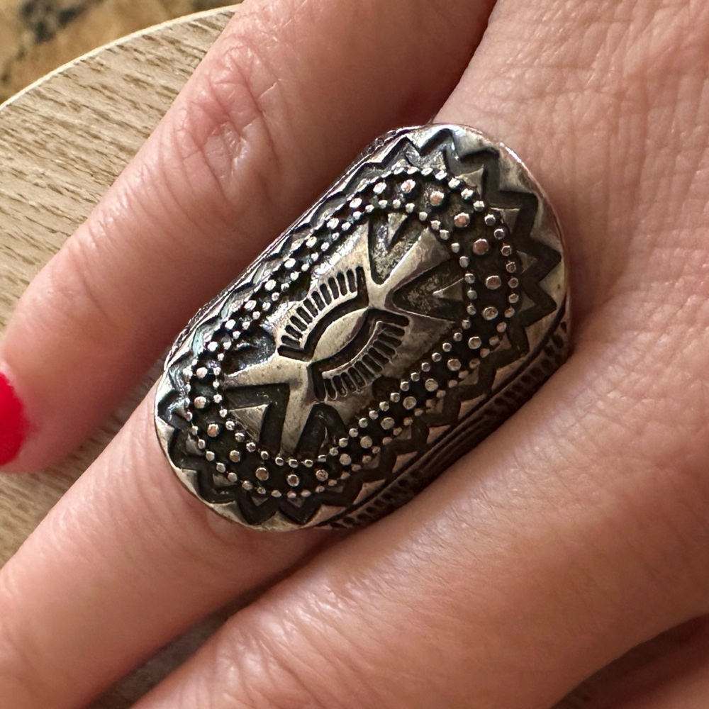 Vintage Bell Trading Post Nickel Silver Saddle Ring - Faux Copper Patina Handmad